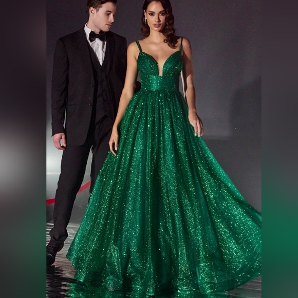 Green, black, red glitter formal evening ball gown - Picture 2 of 4